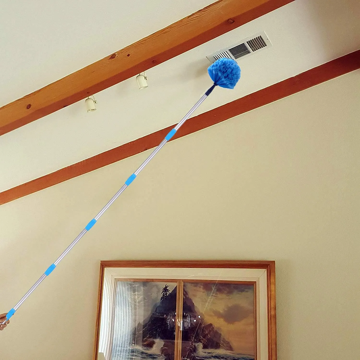 Cobweb Duster with Extension Pole, 10 FT Long Duster for High Ceilings, Walls, Medium Stiff Bristles Cobweb Brush with Lightweight Stainless Steel Pole for Outdoor Indoor Cleaning
