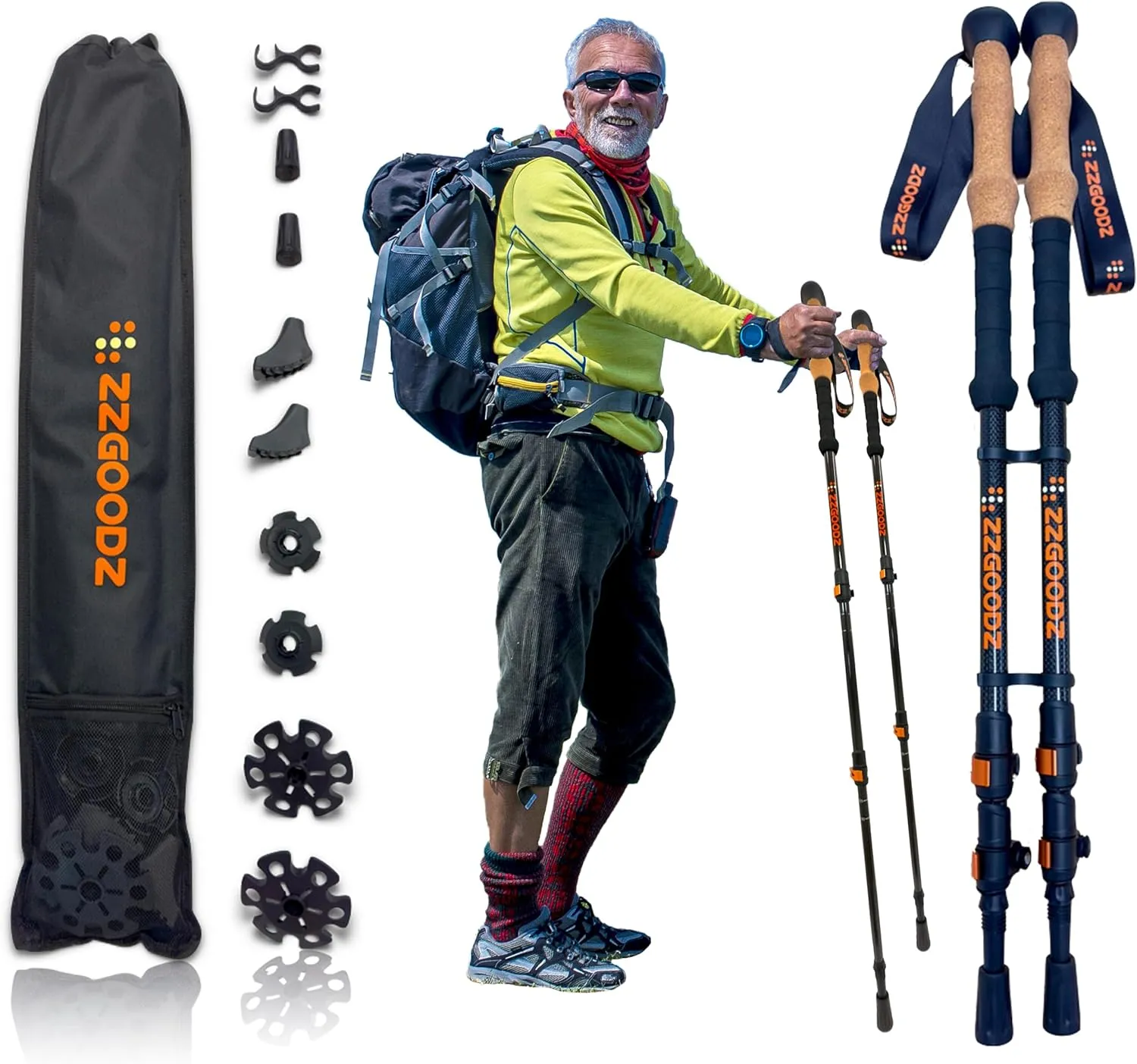 Collapsible Hiking & Trekking Poles 2 pc - Ultralight Folding Walking Sticks for Seniors, Women and Men-Adjustable Hiking Sticks with Metal Folding Clasps, Cork Handle and Silky Wristband
