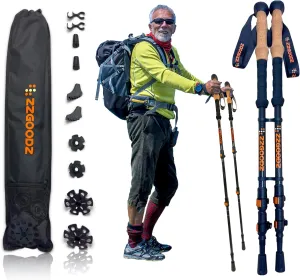 Collapsible Hiking & Trekking Poles 2 pc - Ultralight Folding Walking Sticks for Seniors, Women and Men-Adjustable Hiking Sticks with Metal Folding Clasps, Cork Handle and Silky Wristband