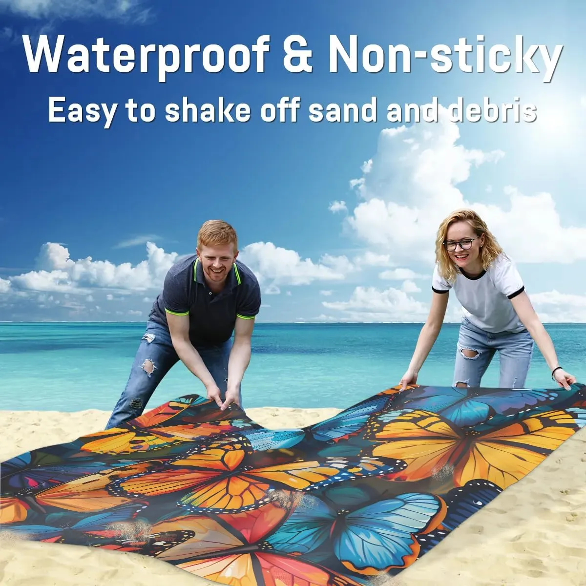 Colorful Butterfly Beach Blanket, Sandproof Beach Mat, 68 x 59 Waterproof Quick Drying Sand Free Mat with 4 x Ground Spikes for Outdoor Travel Camping Hiking, Butterfly Print