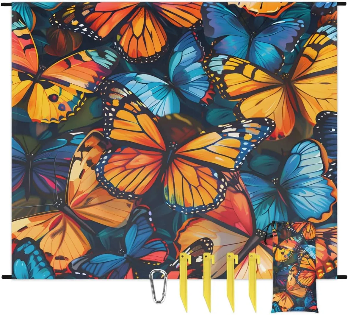 Colorful Butterfly Beach Blanket, Sandproof Beach Mat, 68 x 59 Waterproof Quick Drying Sand Free Mat with 4 x Ground Spikes for Outdoor Travel Camping Hiking, Butterfly Print