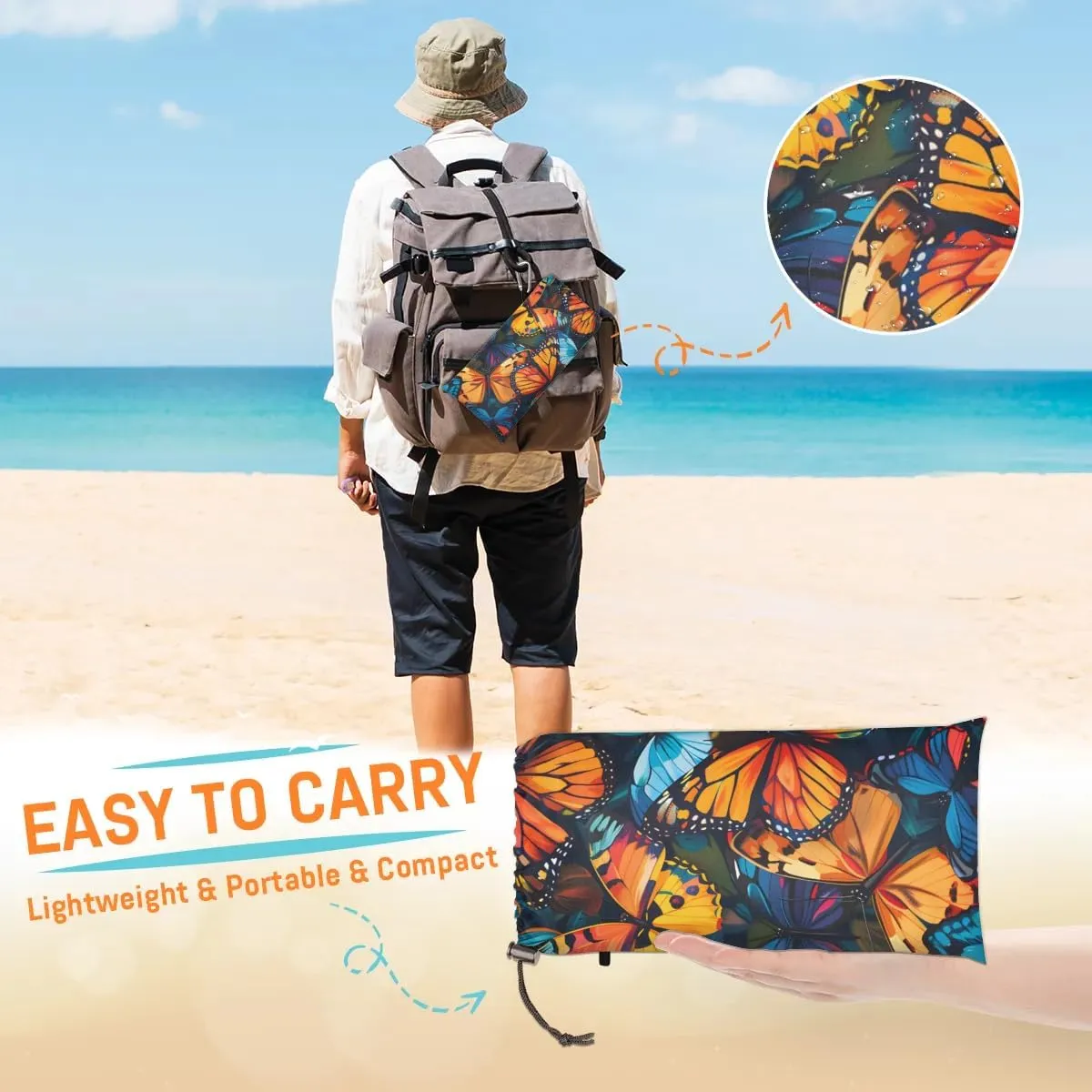 Colorful Butterfly Beach Blanket, Sandproof Beach Mat, 68 x 59 Waterproof Quick Drying Sand Free Mat with 4 x Ground Spikes for Outdoor Travel Camping Hiking, Butterfly Print