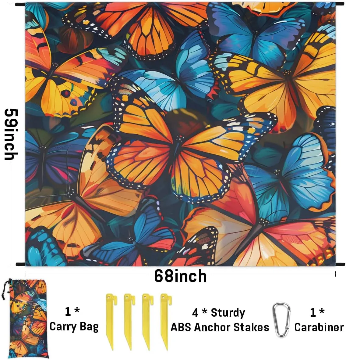 Colorful Butterfly Beach Blanket, Sandproof Beach Mat, 68 x 59 Waterproof Quick Drying Sand Free Mat with 4 x Ground Spikes for Outdoor Travel Camping Hiking, Butterfly Print