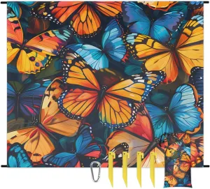 Colorful Butterfly Beach Blanket, Sandproof Beach Mat, 68 x 59 Waterproof Quick Drying Sand Free Mat with 4 x Ground Spikes for Outdoor Travel Camping Hiking, Butterfly Print