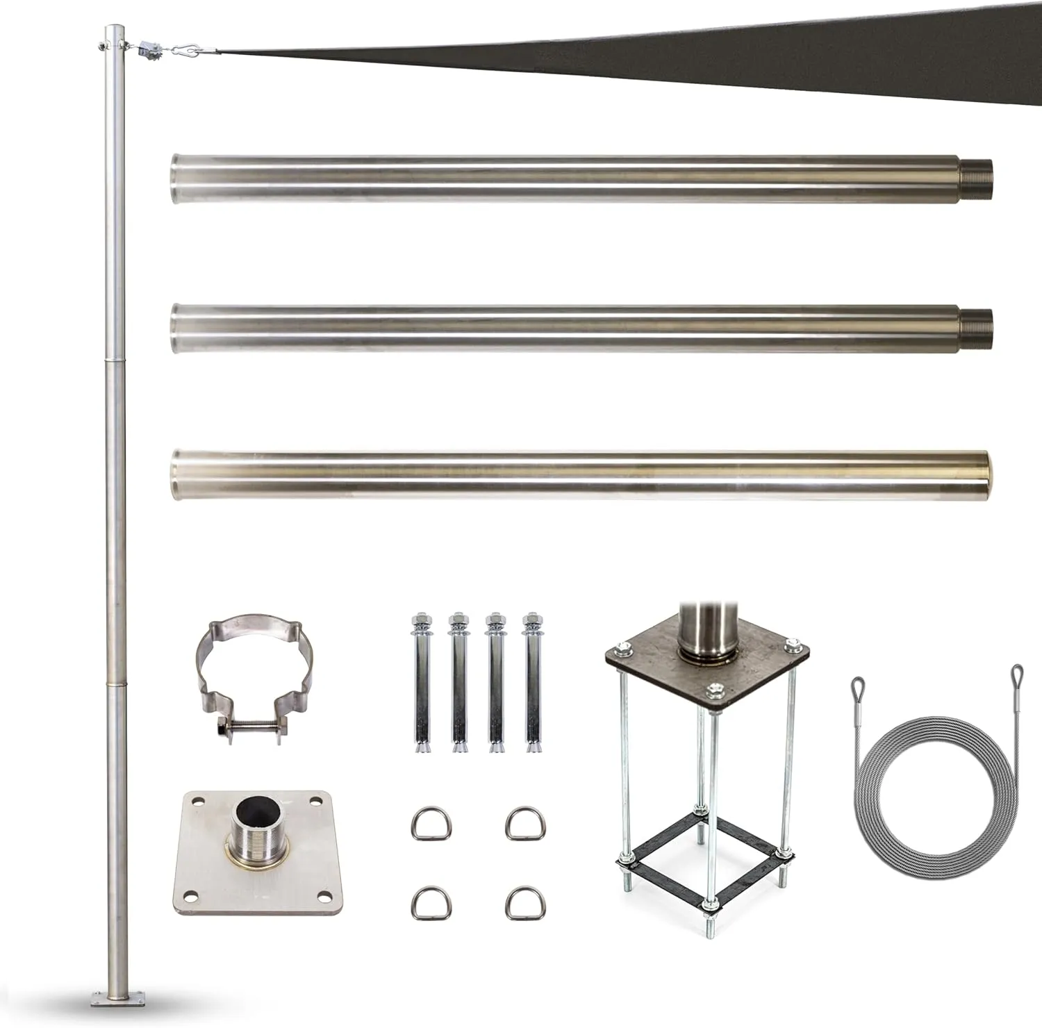 ColourTree 12ft Stainless Steel Pole with Base Plate & Height-Adjustable Mounting Clamp - Easy Installation Sun Shade Sail Pole & Light String Pole, Sign Post, Fence Post - Ideal for Outdoor, Garden