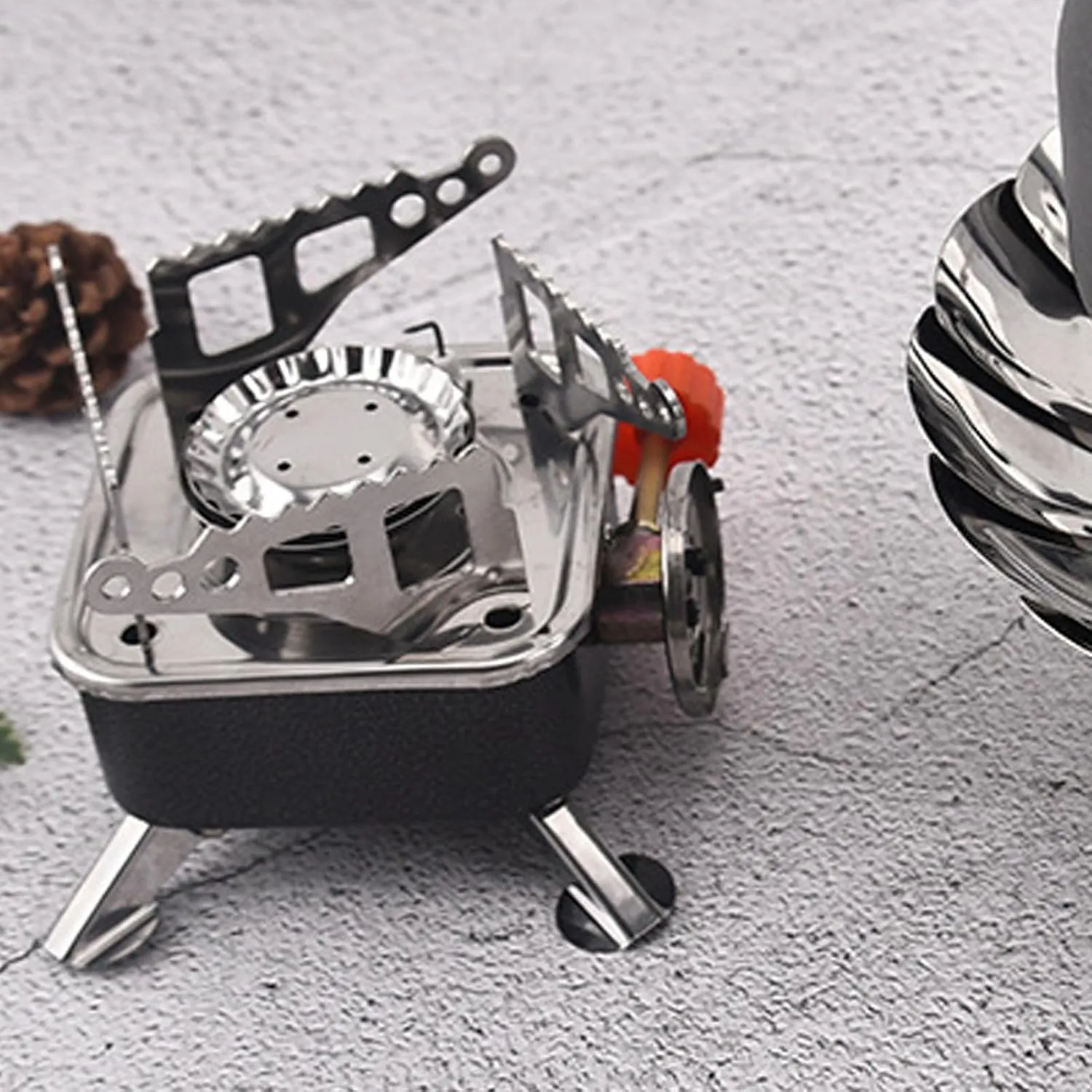 Compact Lightweight Folding Camping Stove Stable Support Wind Resistan Mini Gas Stove Black for Picnic Camping Hiking (with Tube Buckle)