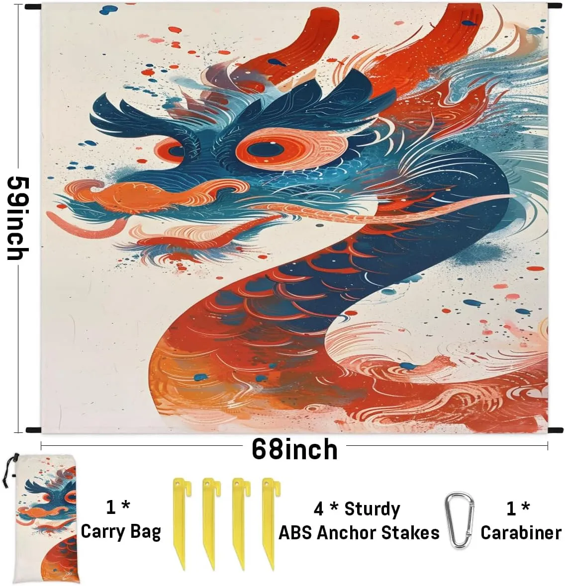 Cool Chinese Dragon Beach Blanket, Sandproof Beach Mat, 68 x 59 Waterproof Quick Drying Sand Free Mat with 4 x Ground Spikes for Outdoor Travel Camping Hiking, Colorful Dragon