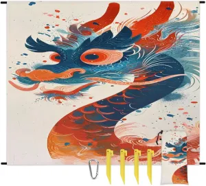 Cool Chinese Dragon Beach Blanket, Sandproof Beach Mat, 68 x 59 Waterproof Quick Drying Sand Free Mat with 4 x Ground Spikes for Outdoor Travel Camping Hiking, Colorful Dragon