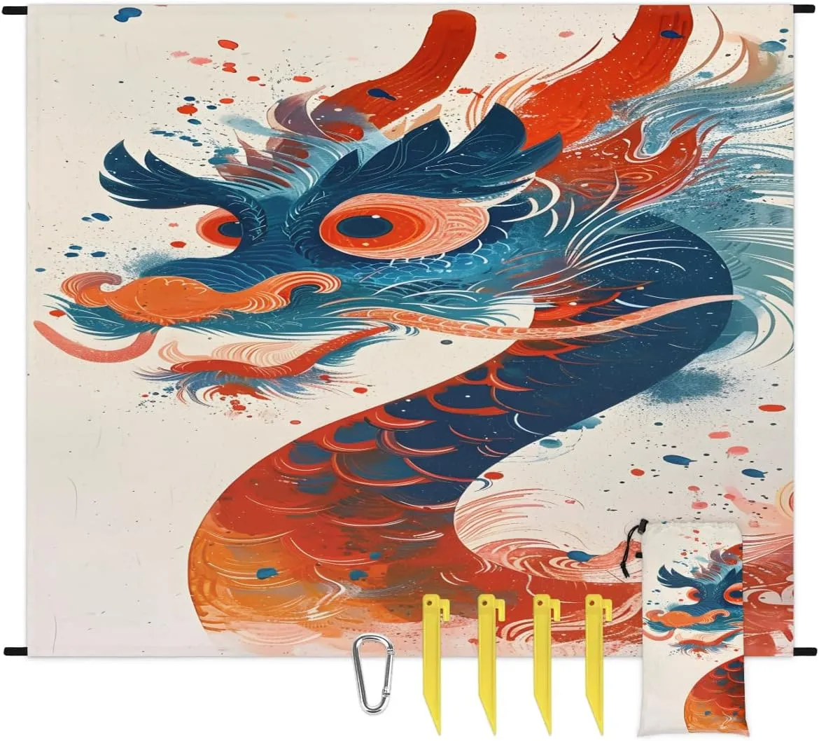 Cool Chinese Dragon Beach Blanket, Sandproof Beach Mat, 68 x 59 Waterproof Quick Drying Sand Free Mat with 4 x Ground Spikes for Outdoor Travel Camping Hiking, Colorful Dragon