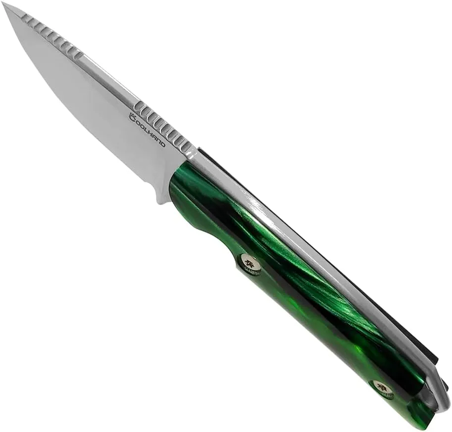 Cool Hand 5.98" Horizontal Carry Knife, Full Tang Compact Survival Hunting Knives, Leather Belt Loop Sheath with Buckle, Outdoors Drop Point 440C Fixed Blade, Green Pearl Handle