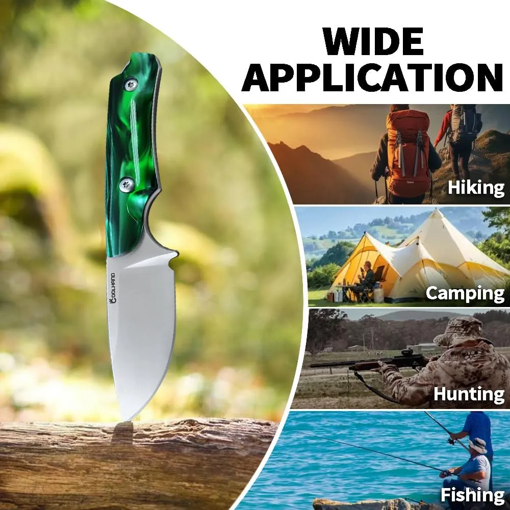 Cool Hand 5.98" Horizontal Carry Knife, Full Tang Compact Survival Hunting Knives, Leather Belt Loop Sheath with Buckle, Outdoors Drop Point 440C Fixed Blade, Green Pearl Handle