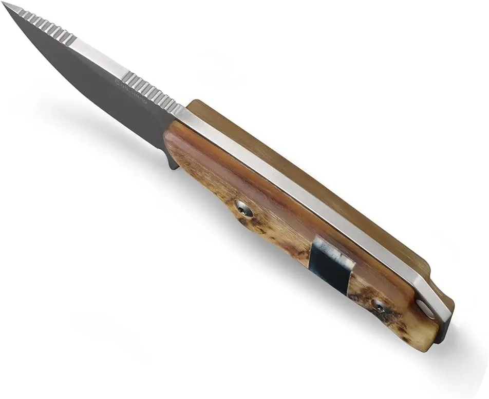Cool Hand 5.98" Knife with Leather Sheath, Full Tang Compact Horizontal Carry Knife, Leather Belt Loop Sheath with Buckle, Outdoors Drop Point 440C Fixed Blade, Ram Horn Handle