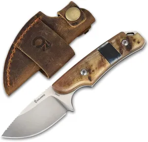Cool Hand 5.98" Knife with Leather Sheath, Full Tang Compact Horizontal Carry Knife, Leather Belt Loop Sheath with Buckle, Outdoors Drop Point 440C Fixed Blade, Ram Horn Handle