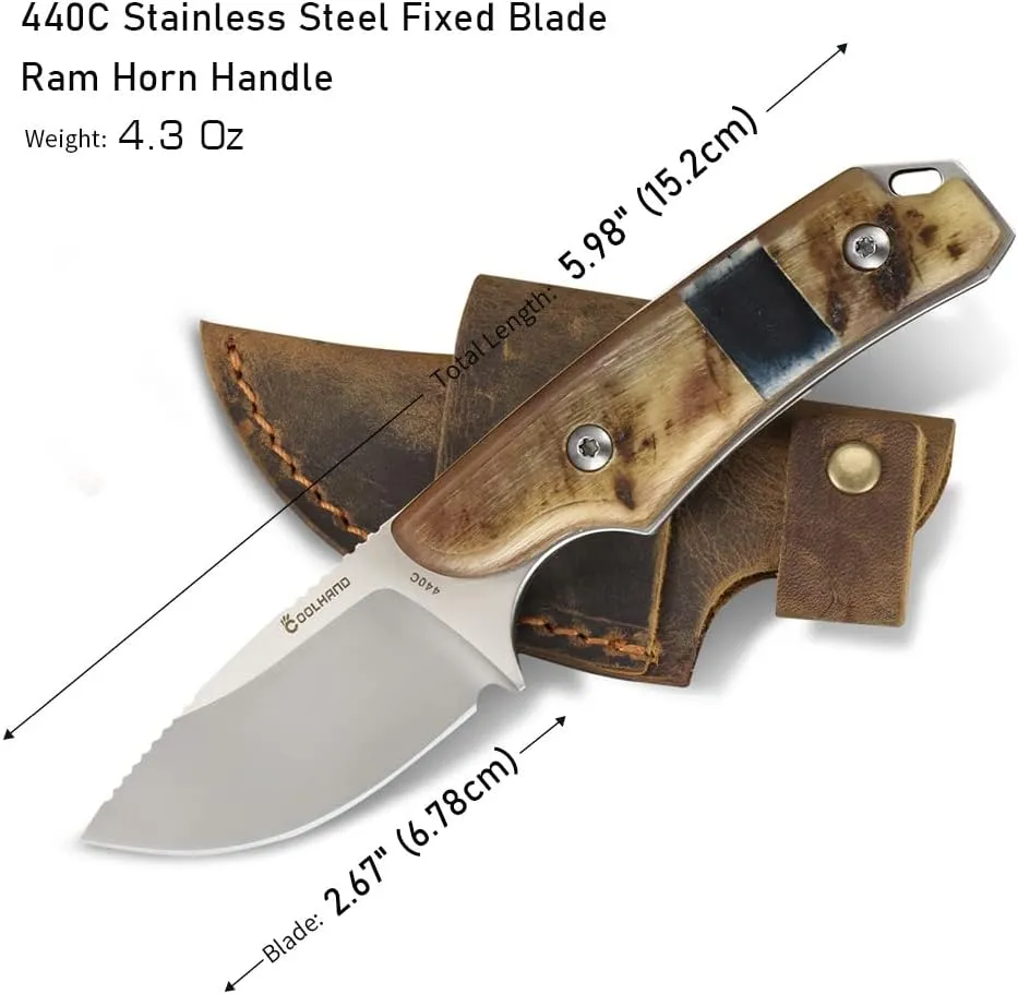 Cool Hand 5.98" Knife with Leather Sheath, Full Tang Compact Horizontal Carry Knife, Leather Belt Loop Sheath with Buckle, Outdoors Drop Point 440C Fixed Blade, Ram Horn Handle