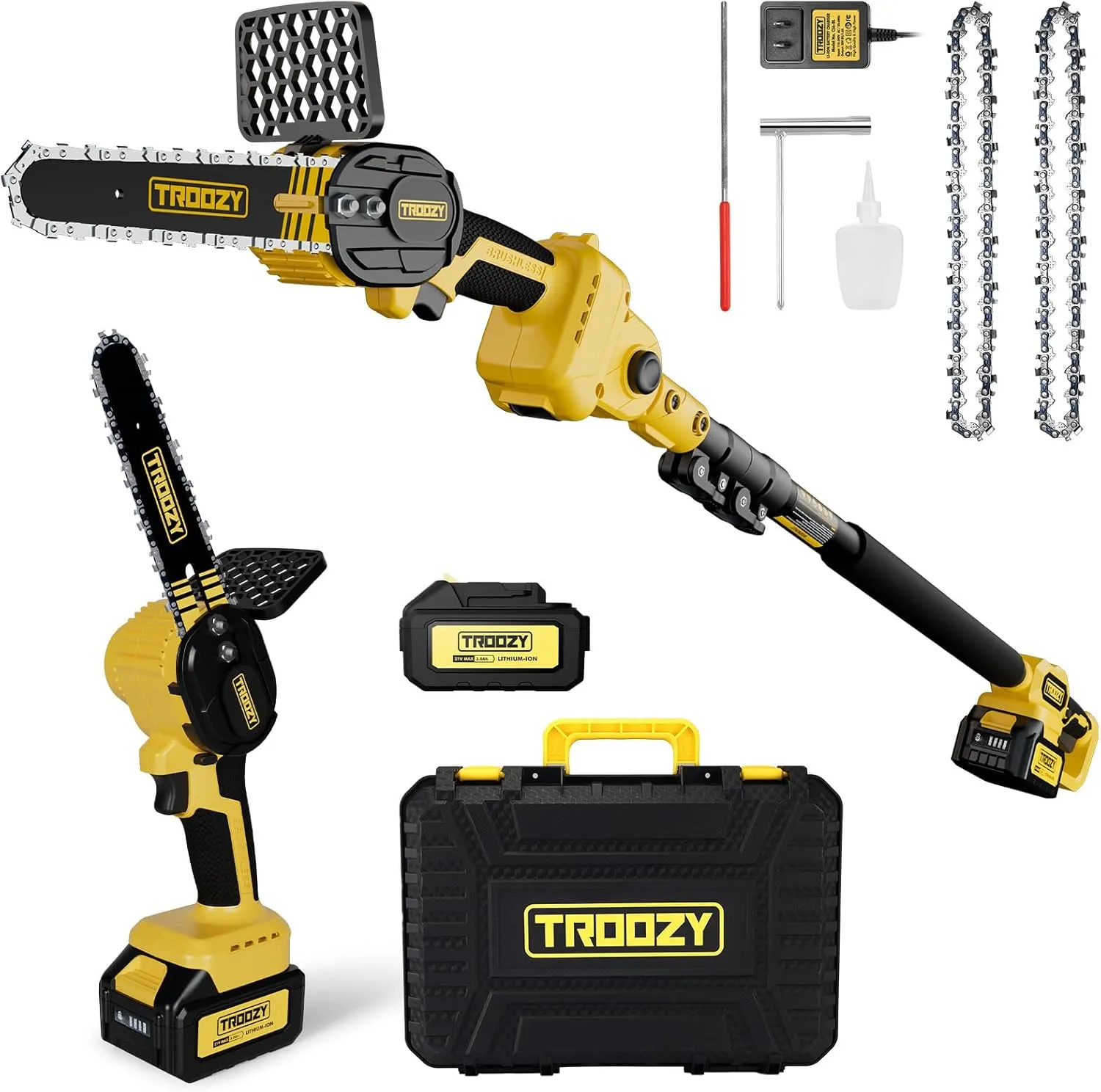Cordless Pole Saw & Chainsaw 2-in-1, 6" Brushless Motor Tree Trimmer Tree Cutter, Multi-Angle Adjustable for Tree Pruning, Branch Cutting, Lightweight & Portable with Long-Lasting Battery