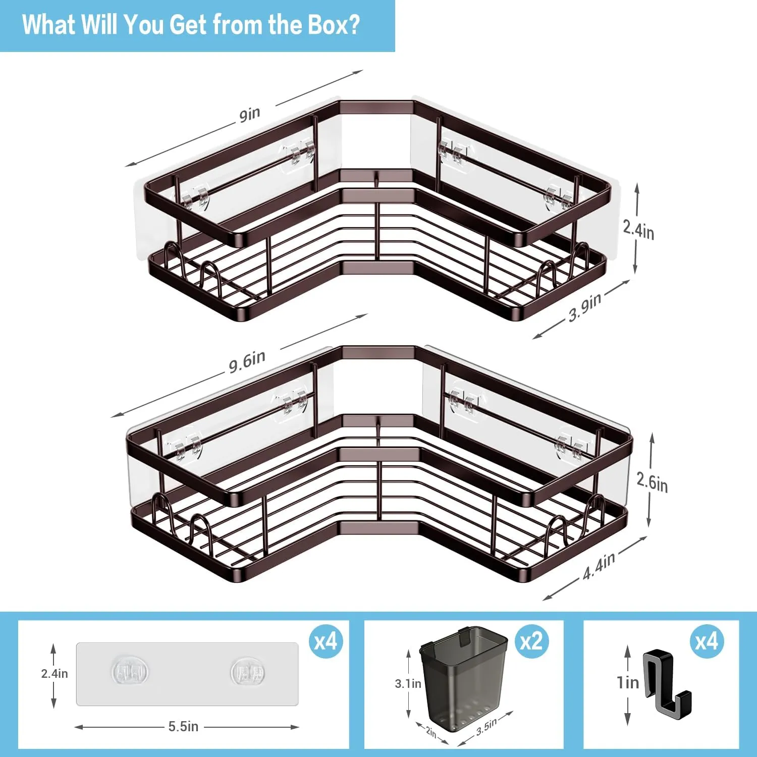 Corner Shower Caddy Organizer - Adhesive Bathroom Shelf with Stainless Steel Hooks, Toothpaste Holder - No Drill Shower Storage Rack Accessories