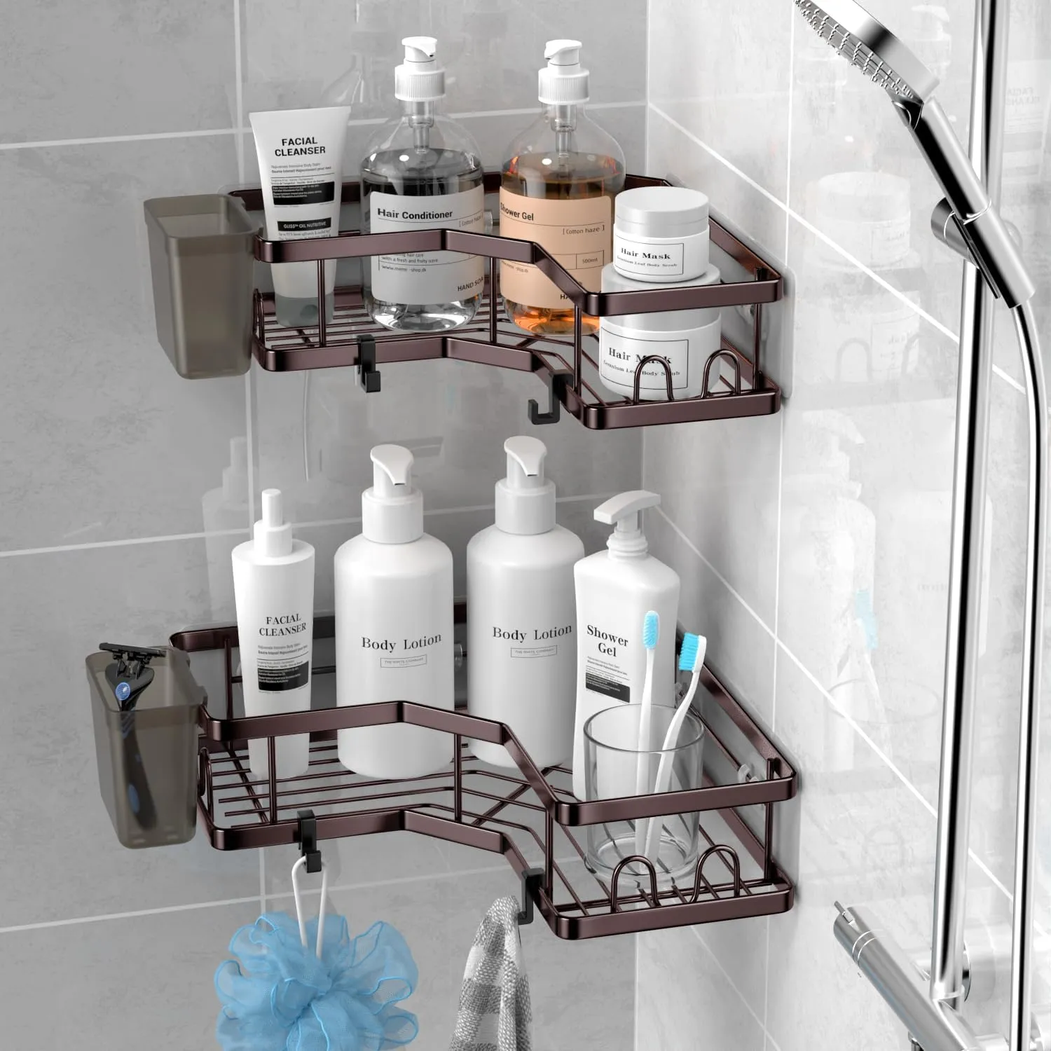 Corner Shower Caddy Organizer - Adhesive Bathroom Shelf with Stainless Steel Hooks, Toothpaste Holder - No Drill Shower Storage Rack Accessories
