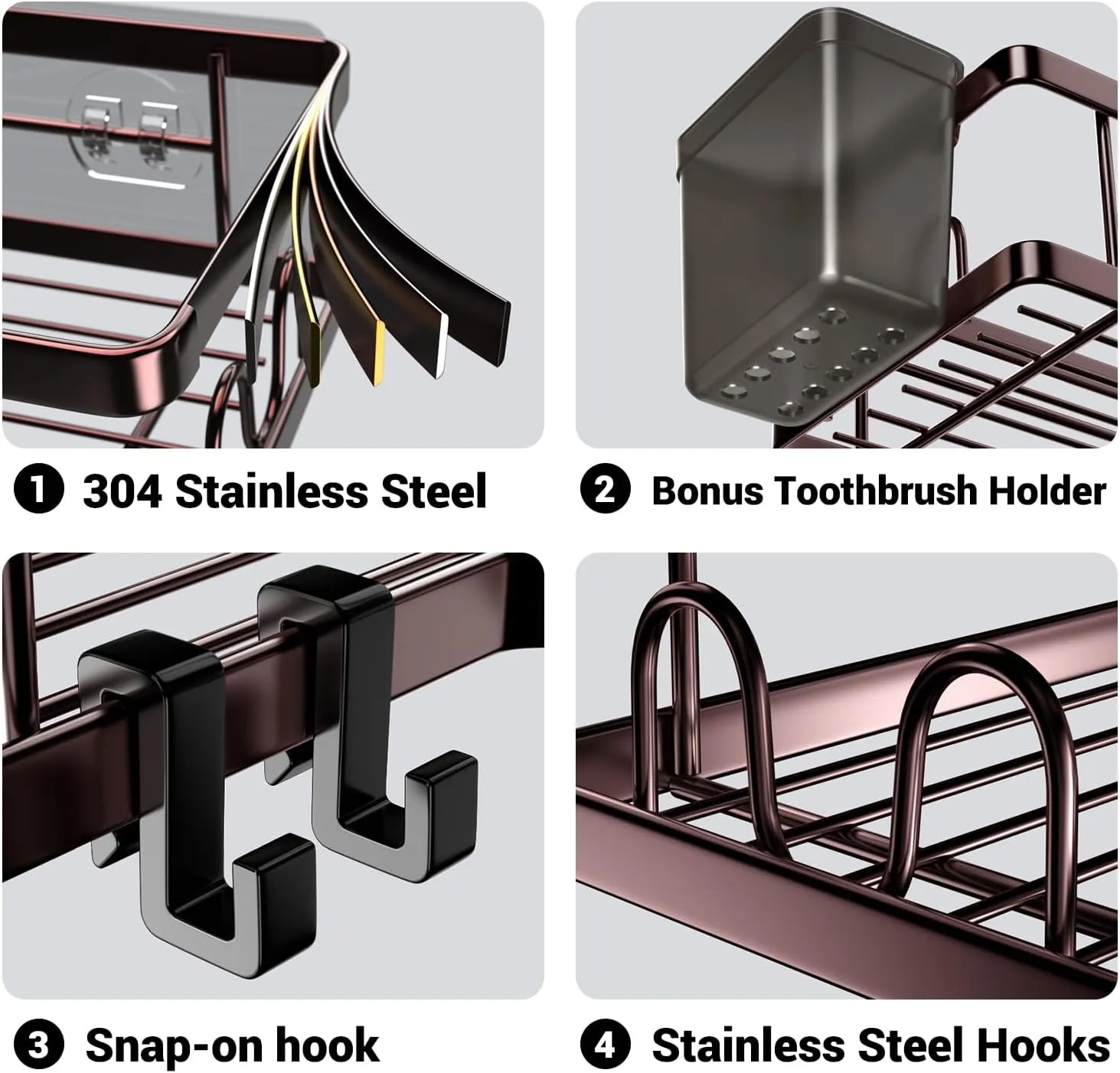 Corner Shower Caddy Organizer - Adhesive Bathroom Shelf with Stainless Steel Hooks, Toothpaste Holder - No Drill Shower Storage Rack Accessories