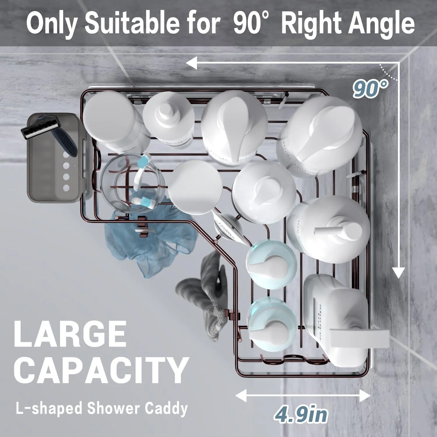 Corner Shower Caddy Organizer - Adhesive Bathroom Shelf with Stainless Steel Hooks, Toothpaste Holder - No Drill Shower Storage Rack Accessories