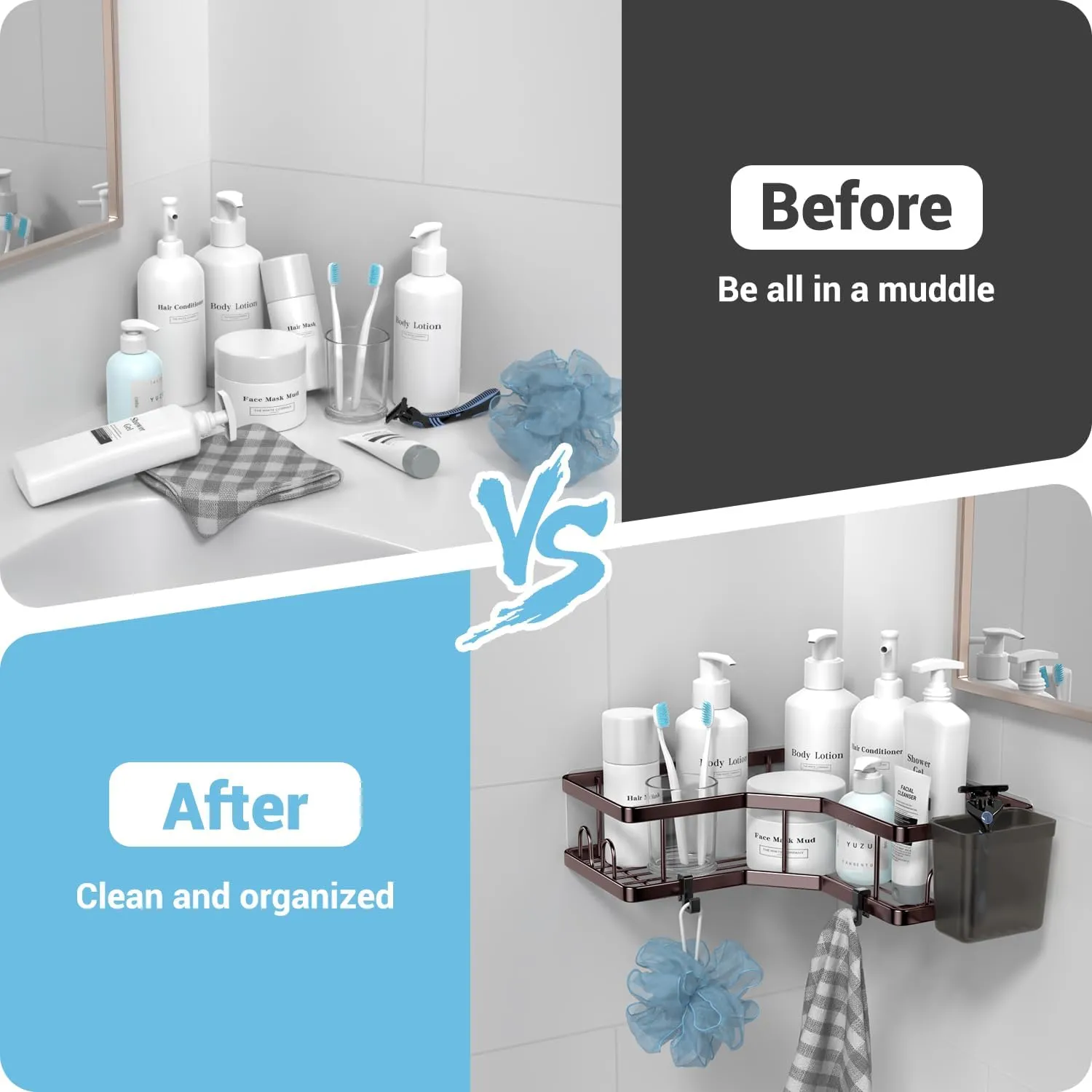 Corner Shower Caddy Organizer - Adhesive Bathroom Shelf with Stainless Steel Hooks, Toothpaste Holder - No Drill Shower Storage Rack Accessories
