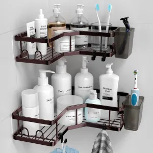 Corner Shower Caddy Organizer - Adhesive Bathroom Shelf with Stainless Steel Hooks, Toothpaste Holder - No Drill Shower Storage Rack Accessories