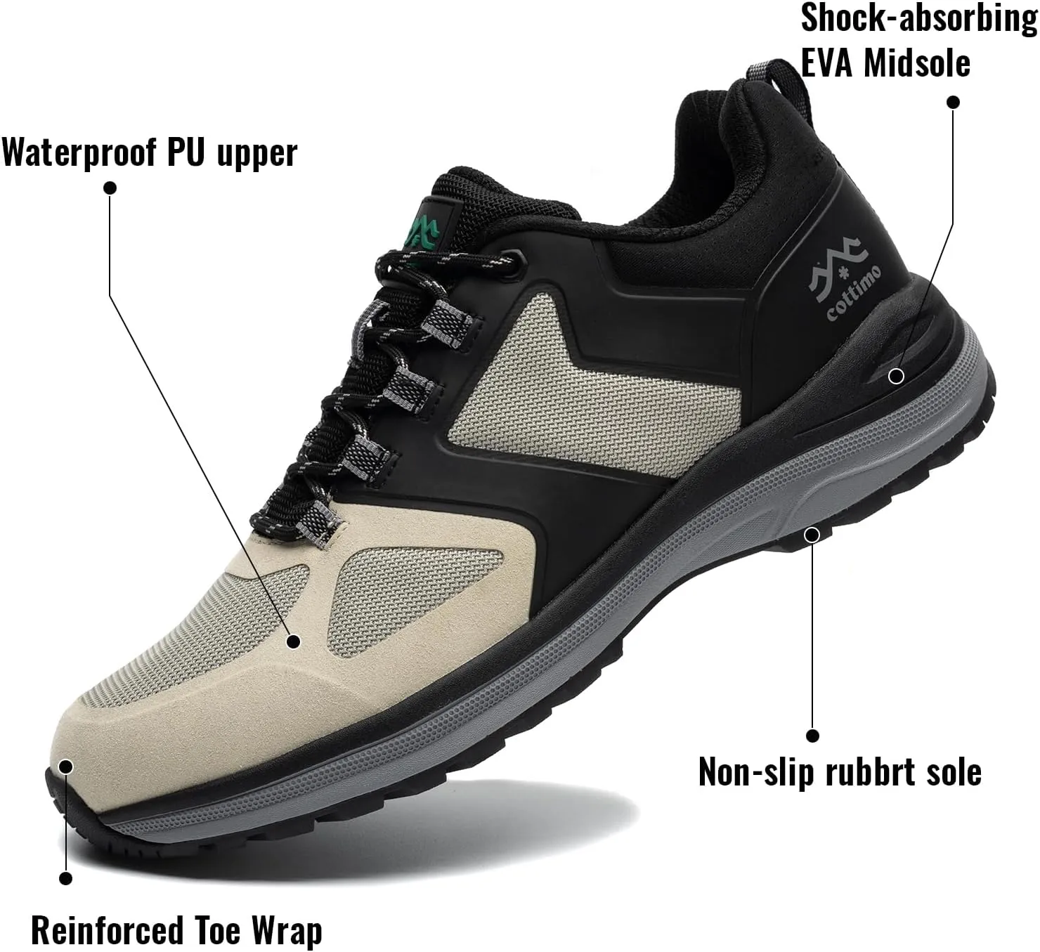 COTTIMO Waterproof Hiking Shoes Men, Lightweight Breathable Trekking Trails Shoes Outdoor Shoes