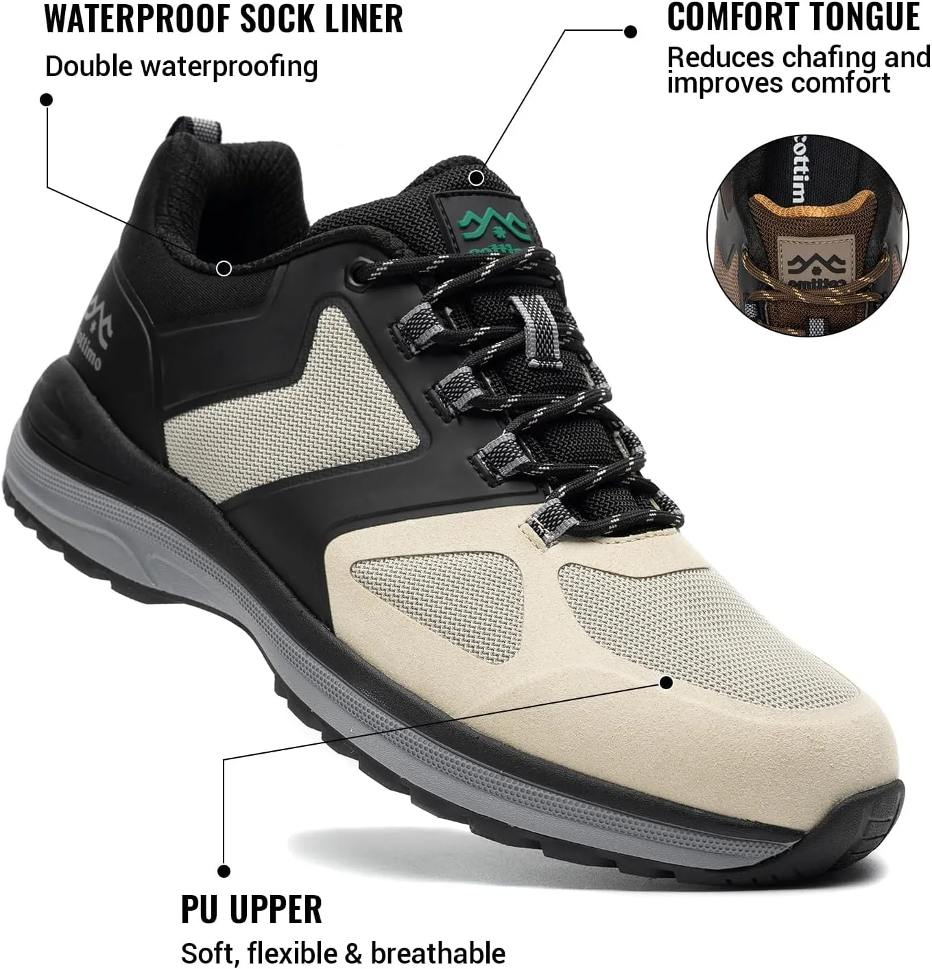 COTTIMO Waterproof Hiking Shoes Men, Lightweight Breathable Trekking Trails Shoes Outdoor Shoes