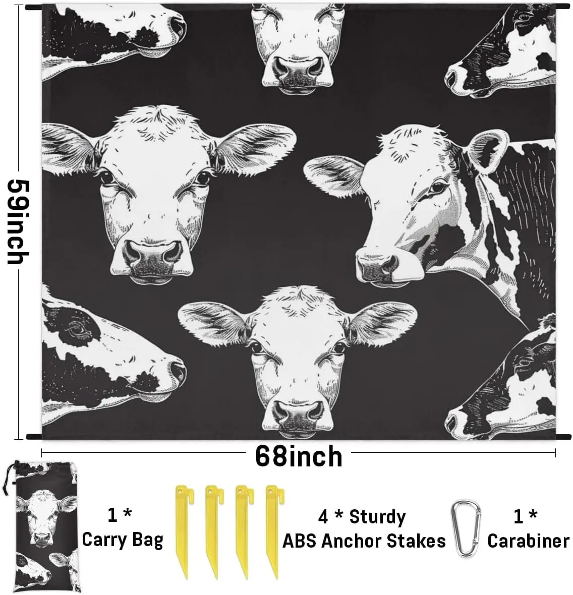 Cow Beach Blanket, Sandproof Beach Mat, Adults Waterproof Quick Drying Sand Free Mat with 4 x Ground Spikes for Outdoor Travel Camping Hiking, Animal Cow