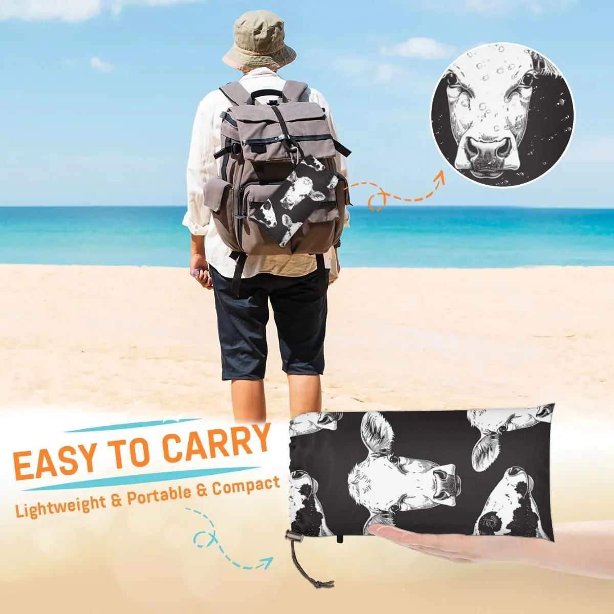 Cow Beach Blanket, Sandproof Beach Mat, Adults Waterproof Quick Drying Sand Free Mat with 4 x Ground Spikes for Outdoor Travel Camping Hiking, Animal Cow