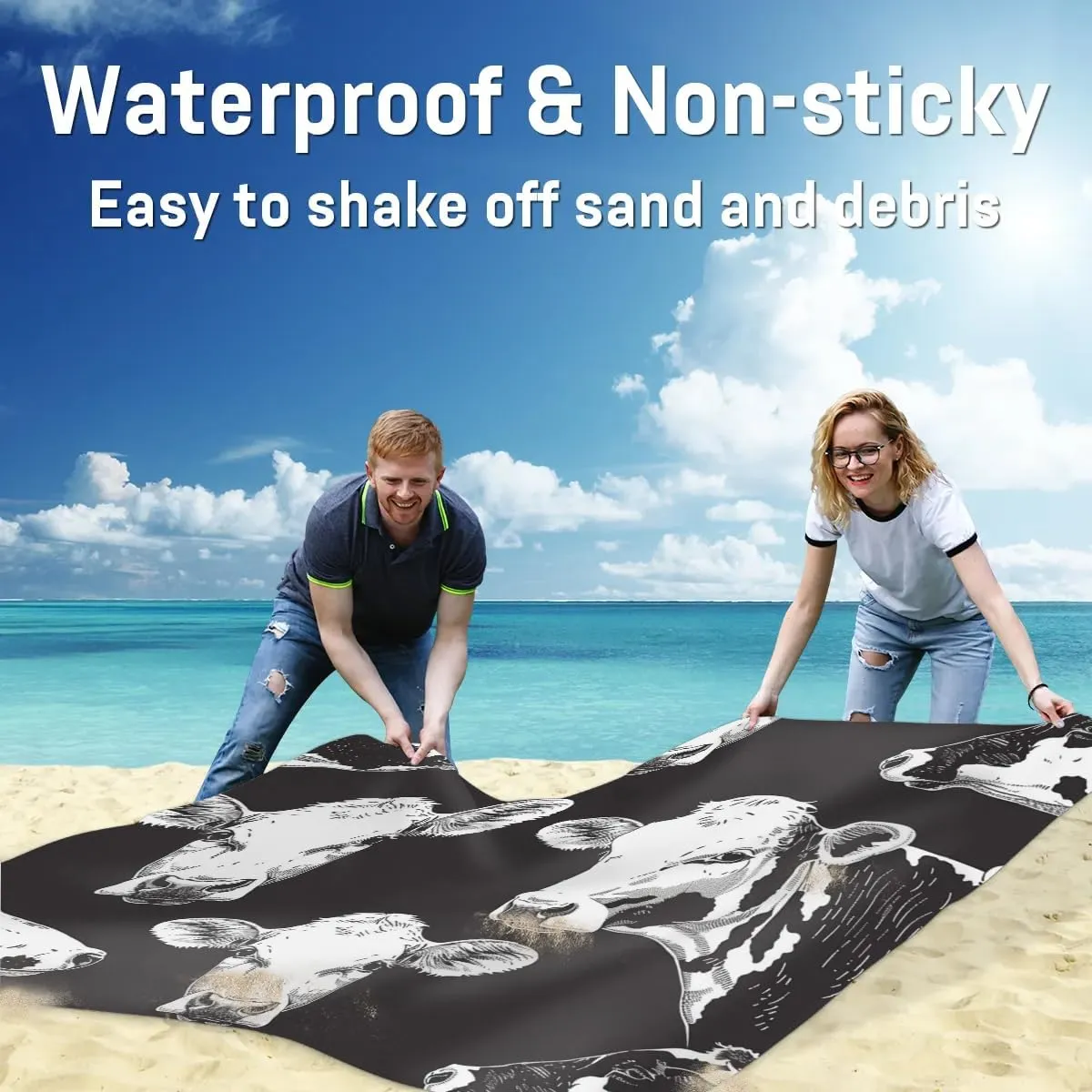 Cow Beach Blanket, Sandproof Beach Mat, Adults Waterproof Quick Drying Sand Free Mat with 4 x Ground Spikes for Outdoor Travel Camping Hiking, Animal Cow