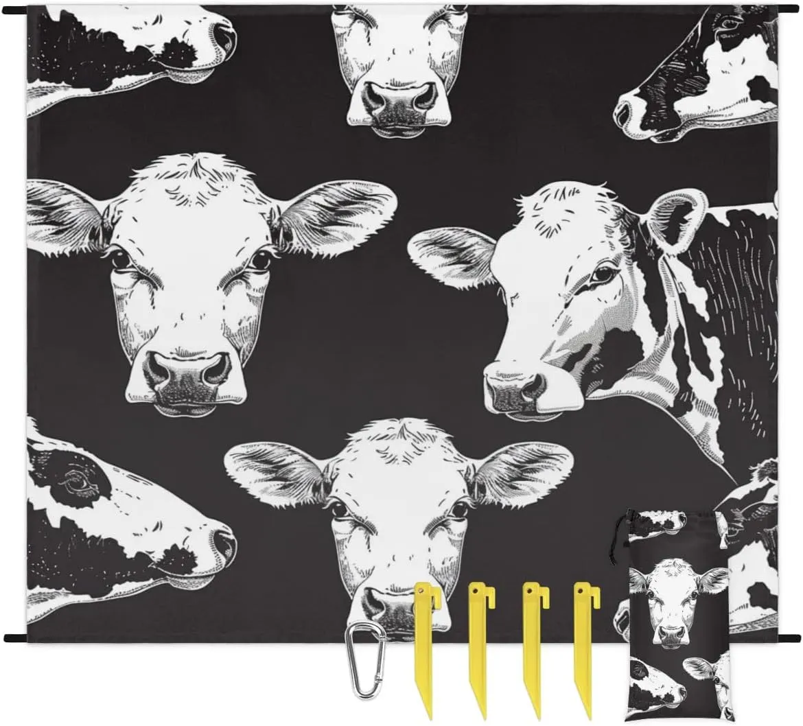 Cow Beach Blanket, Sandproof Beach Mat, Adults Waterproof Quick Drying Sand Free Mat with 4 x Ground Spikes for Outdoor Travel Camping Hiking, Animal Cow