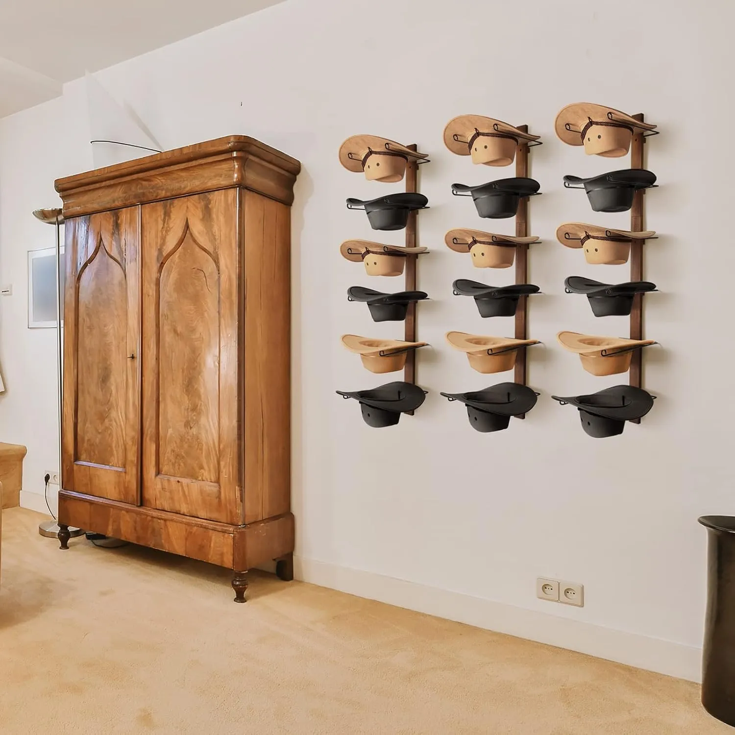 Cowboy Hat Holder Cowboy Hat Rack,6 Pieces Hat Rack for Cowboy Hats with Wooden Board, Metal Hat Holder Wall Storage Hat Holder Organizer for Hat Collection Room Décor