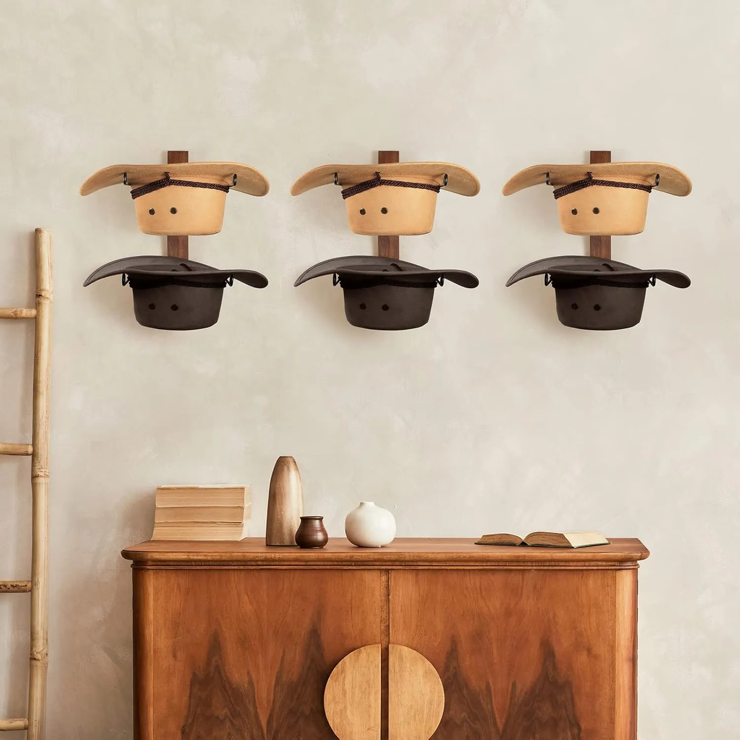 Cowboy Hat Holder Cowboy Hat Rack,6 Pieces Hat Rack for Cowboy Hats with Wooden Board, Metal Hat Holder Wall Storage Hat Holder Organizer for Hat Collection Room Décor