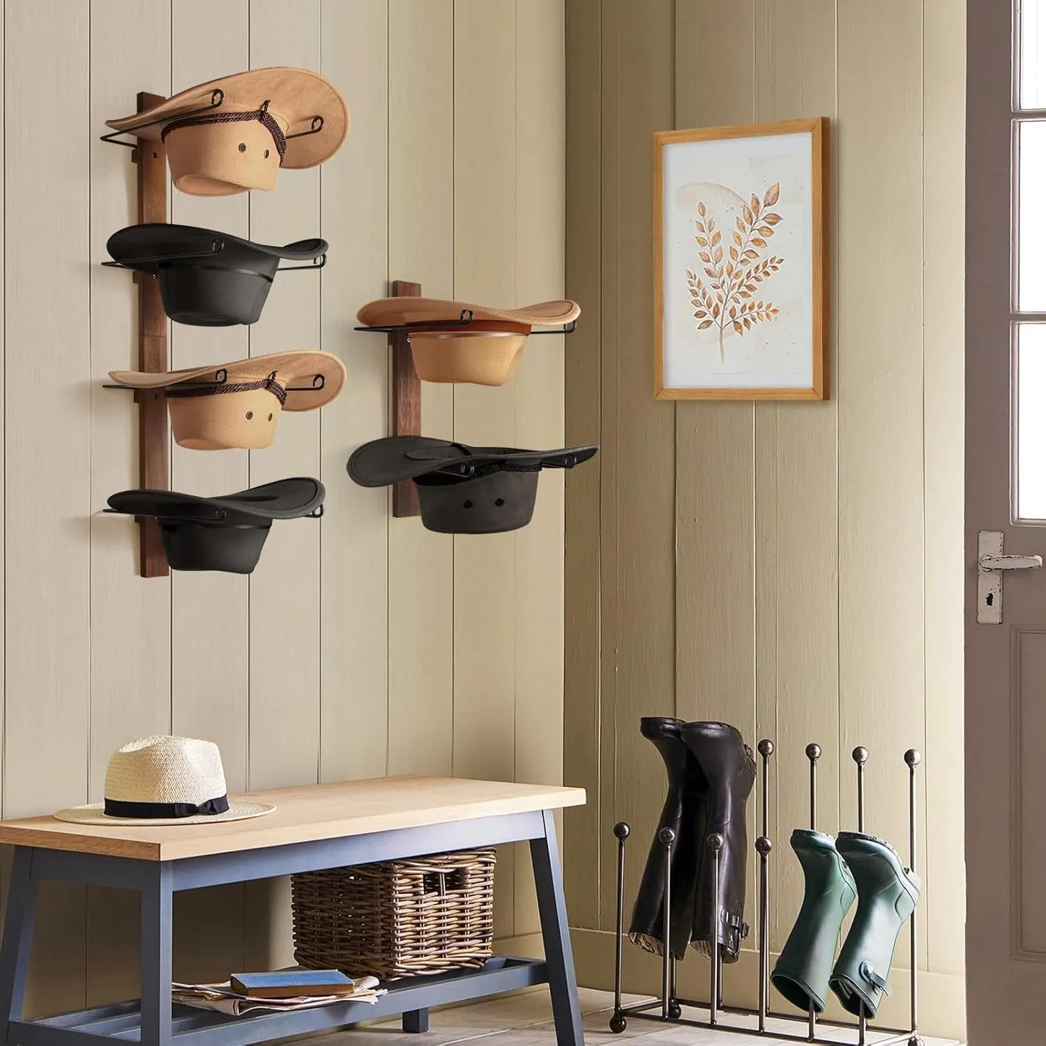 Cowboy Hat Holder Cowboy Hat Rack,6 Pieces Hat Rack for Cowboy Hats with Wooden Board, Metal Hat Holder Wall Storage Hat Holder Organizer for Hat Collection Room Décor