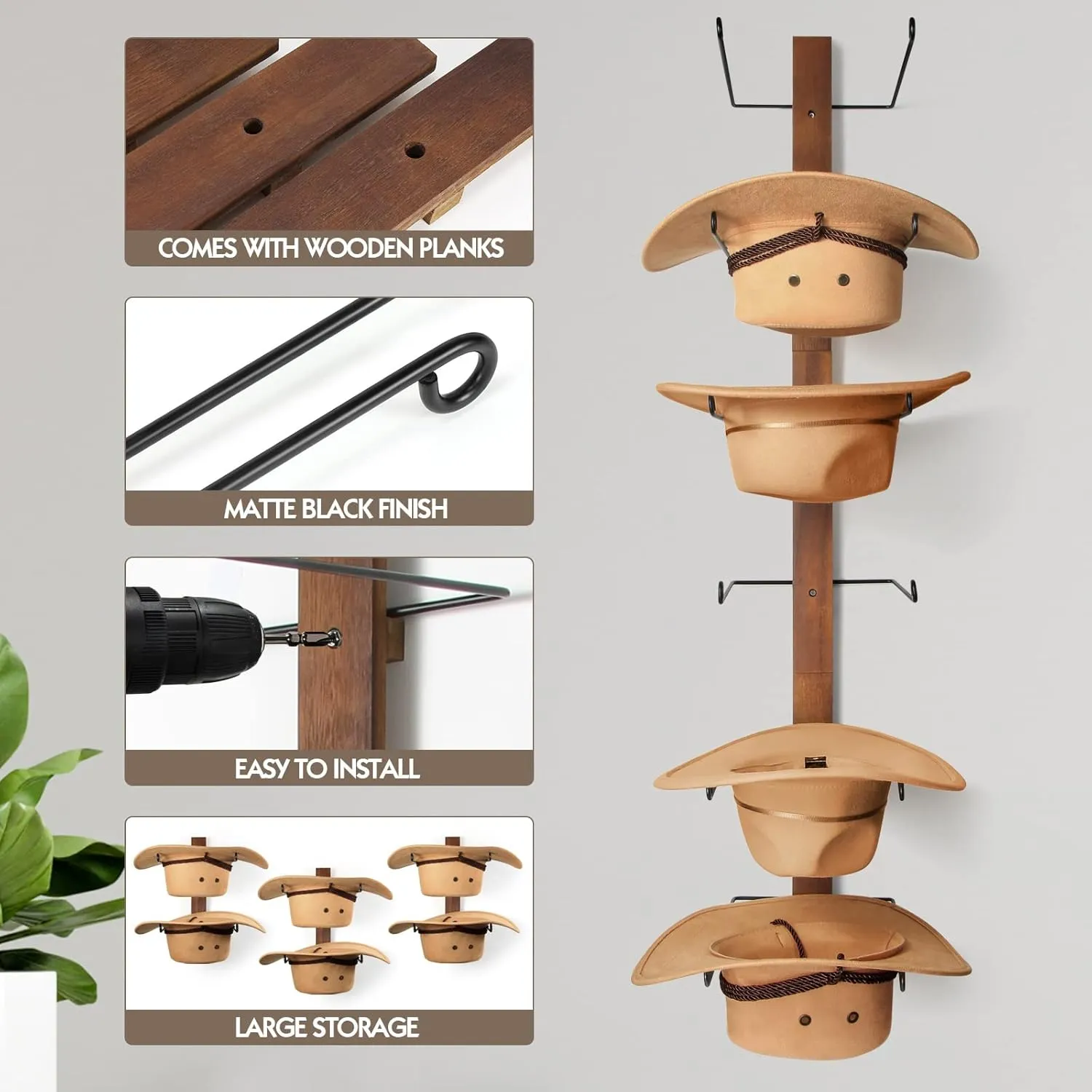 Cowboy Hat Holder Cowboy Hat Rack,6 Pieces Hat Rack for Cowboy Hats with Wooden Board, Metal Hat Holder Wall Storage Hat Holder Organizer for Hat Collection Room Décor