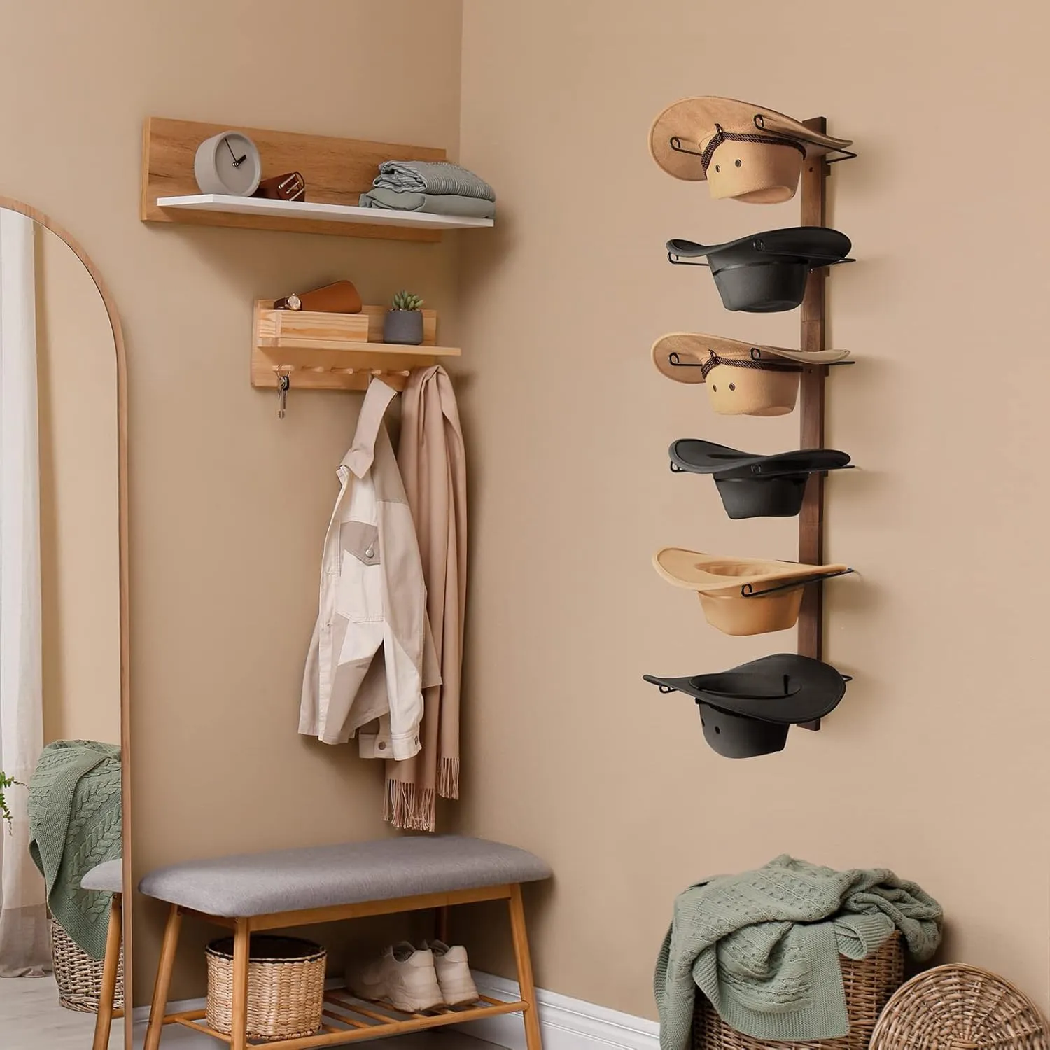 Cowboy Hat Holder Cowboy Hat Rack,6 Pieces Hat Rack for Cowboy Hats with Wooden Board, Metal Hat Holder Wall Storage Hat Holder Organizer for Hat Collection Room Décor