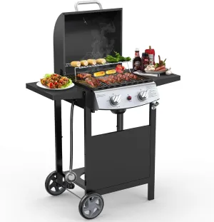 Cowsar 2 Burner BBQ Propane Gas Grill, Stainless Steel 20000 BTU, Equipped with Side Shelves and 2 Wheels for Easy Mobility, Ideal for Outdoor Kitchens and Backyard Patio Barbecues