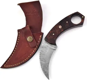 Crafted Folding Design Damascus steal Hunting Knife - Fixed Blade knife Rosewood Handle with Leather Sheath - Ideal for Skinning Camping Outdoors