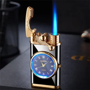 Creative Dial Rocker Arm Inflatable Lighter - 2024 New Lighter with Electric Watch, 2 in 1 Windproof Portable Adjustable Refillable, for Grills, BBQ, Fireplaces, Camping (Black)