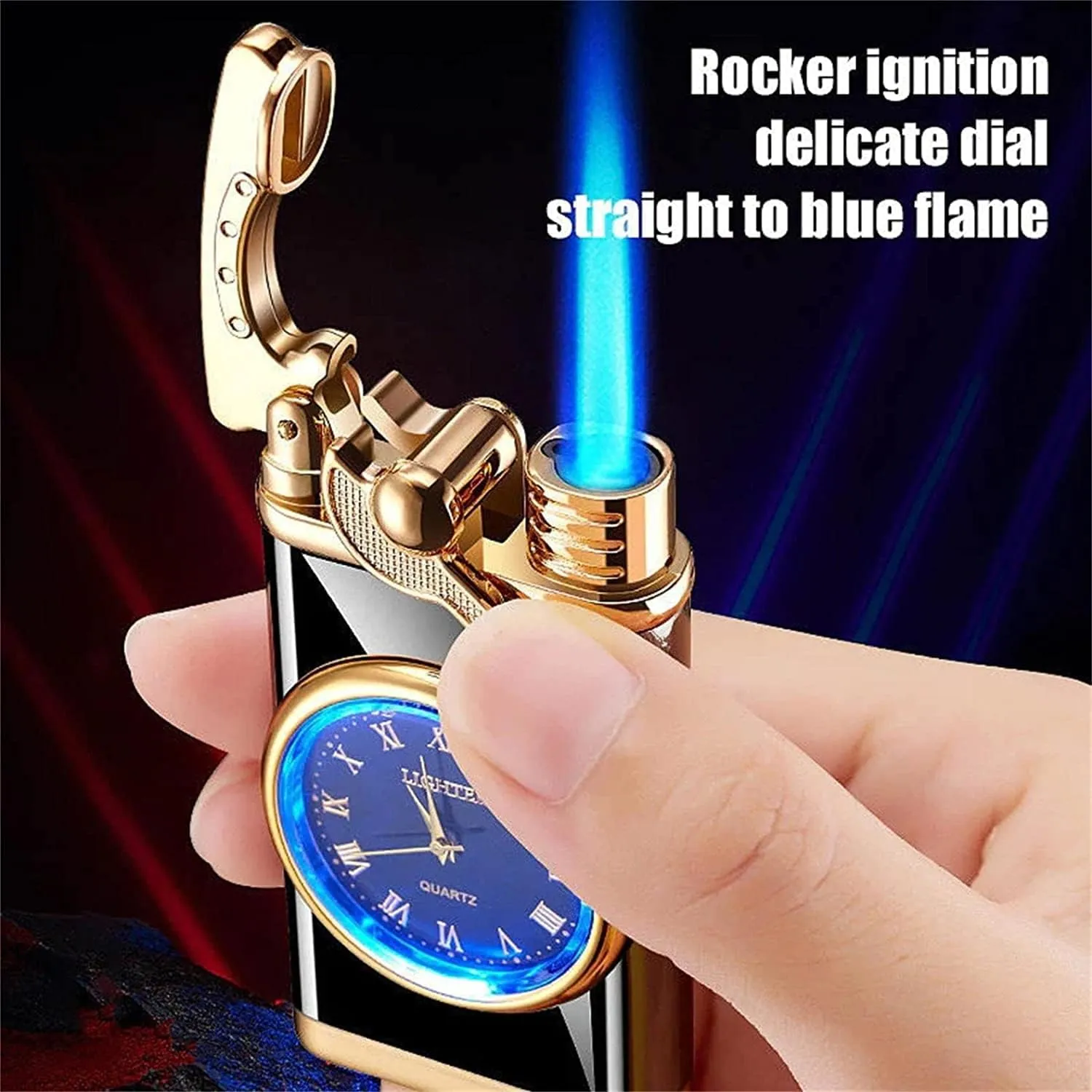 Creative Dial Rocker Arm Inflatable Lighter - 2024 New Lighter with Electric Watch, 2 in 1 Windproof Portable Adjustable Refillable, for Grills, BBQ, Fireplaces, Camping (Black)
