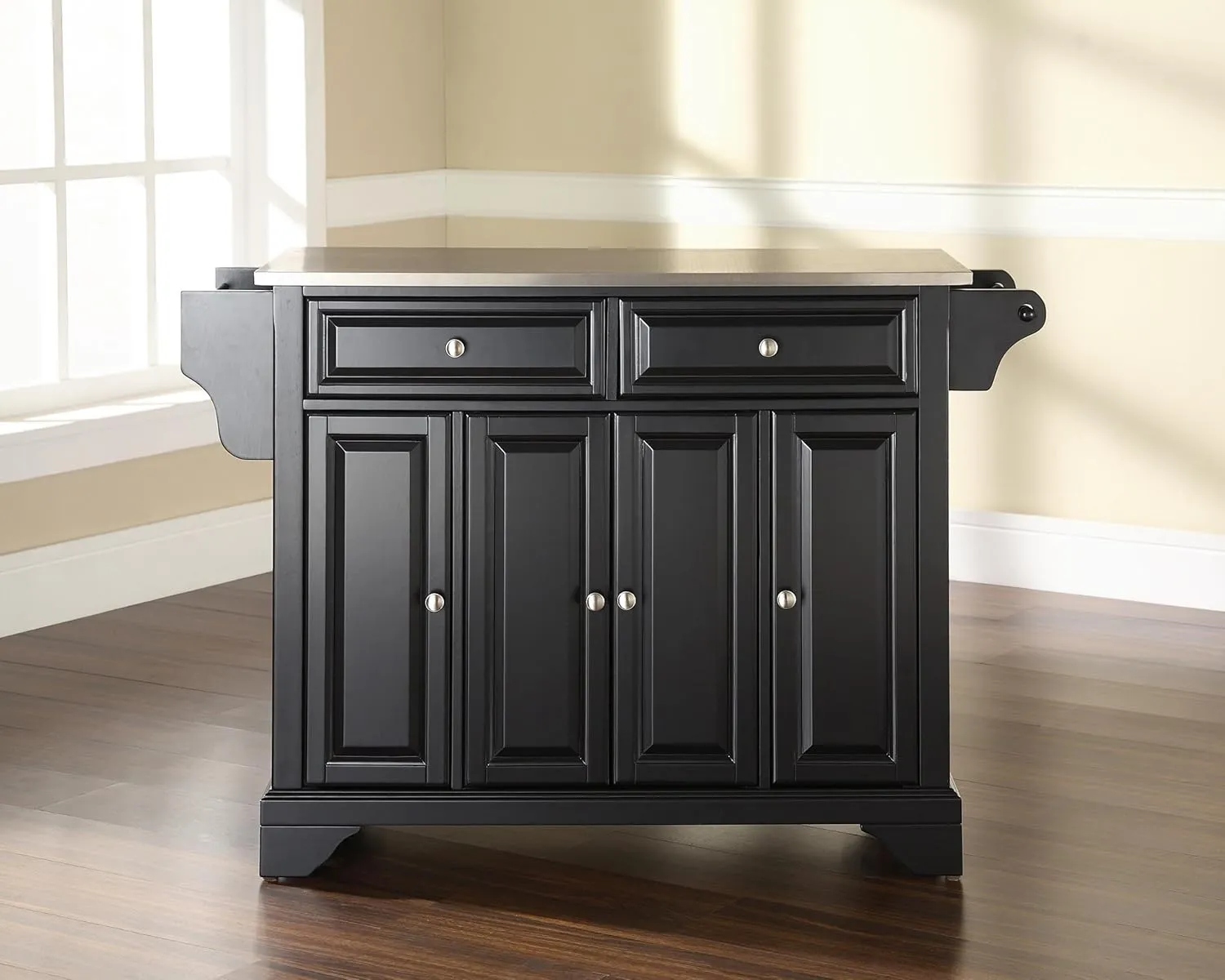 Crosley Furniture Lafayette Stainless Steel Top Rolling Kitchen Island Storage Cart, Spice Rack, Black