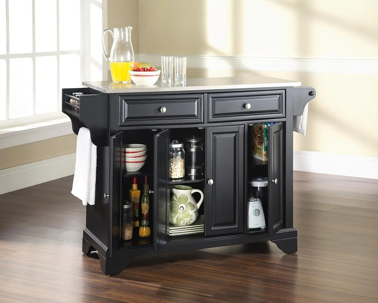 Crosley Furniture Lafayette Stainless Steel Top Rolling Kitchen Island Storage Cart, Spice Rack, Black
