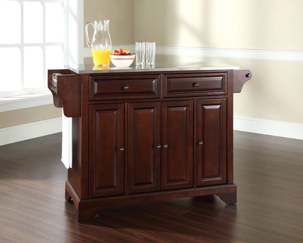 Crosley Furniture Lafayette Stainless Steel Top Rolling Kitchen Island Storage Cart, Spice Rack, Mahogany
