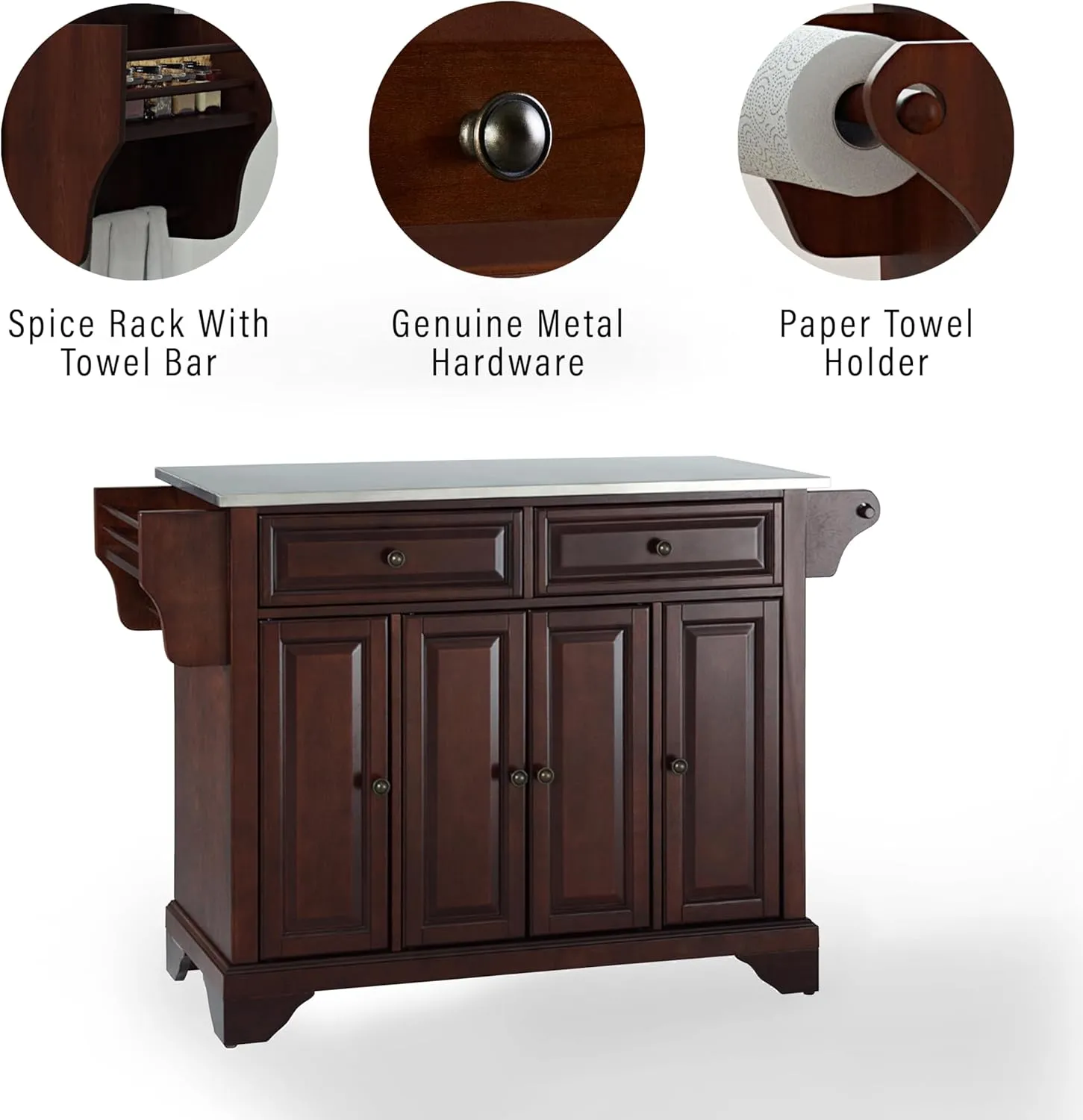 Crosley Furniture Lafayette Stainless Steel Top Rolling Kitchen Island Storage Cart, Spice Rack, Mahogany
