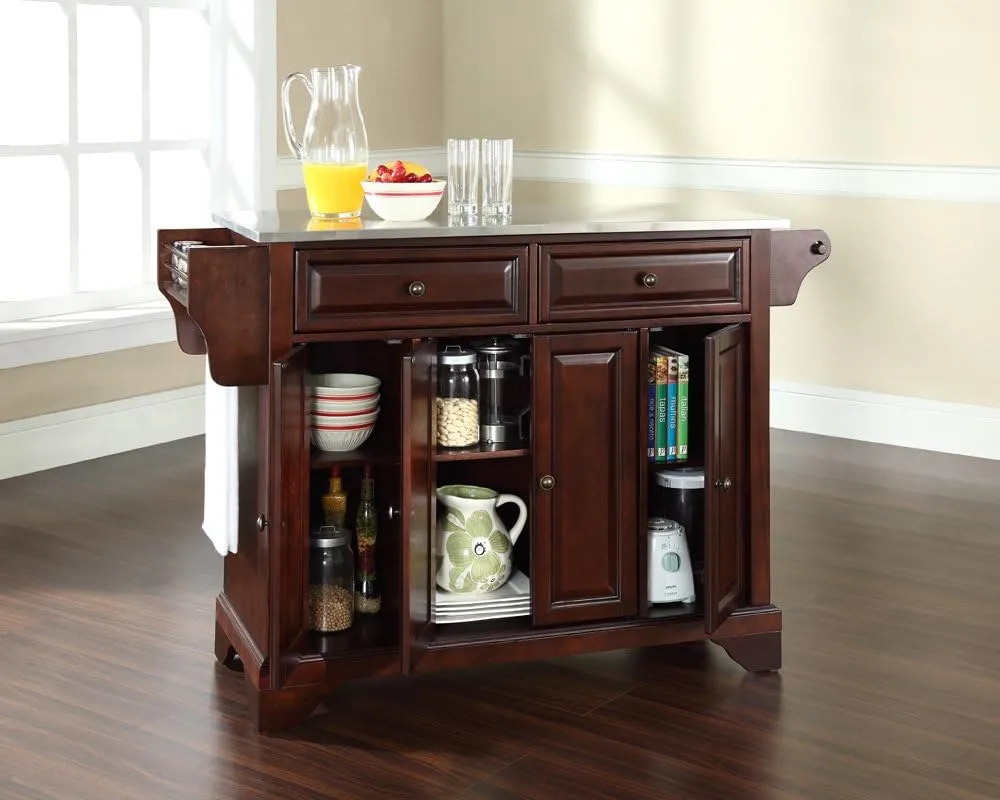 Crosley Furniture Lafayette Stainless Steel Top Rolling Kitchen Island Storage Cart, Spice Rack, Mahogany