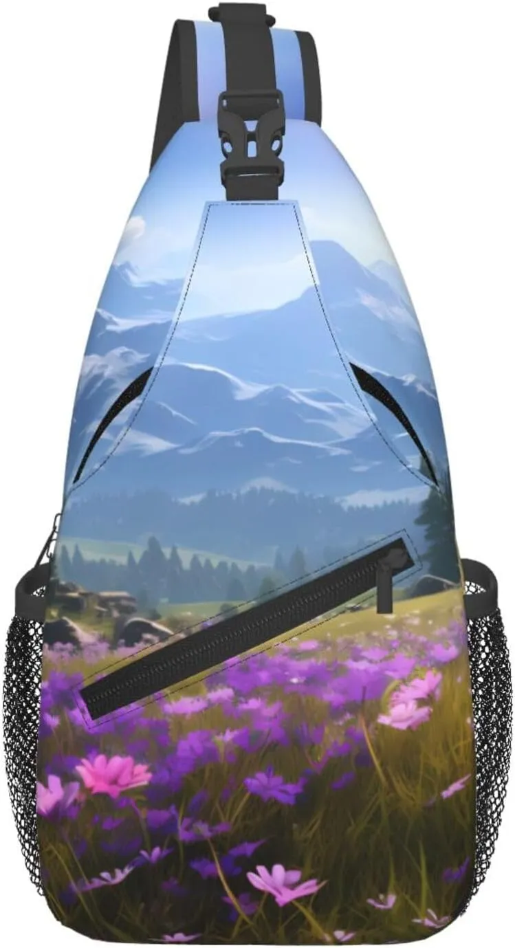 Cross Chest Bag Diagonally - Quality, Durable, and Spacious Shoulder Bag for Men and Women Nature Purple Flowers Meadow Mountain Scenic Pattern