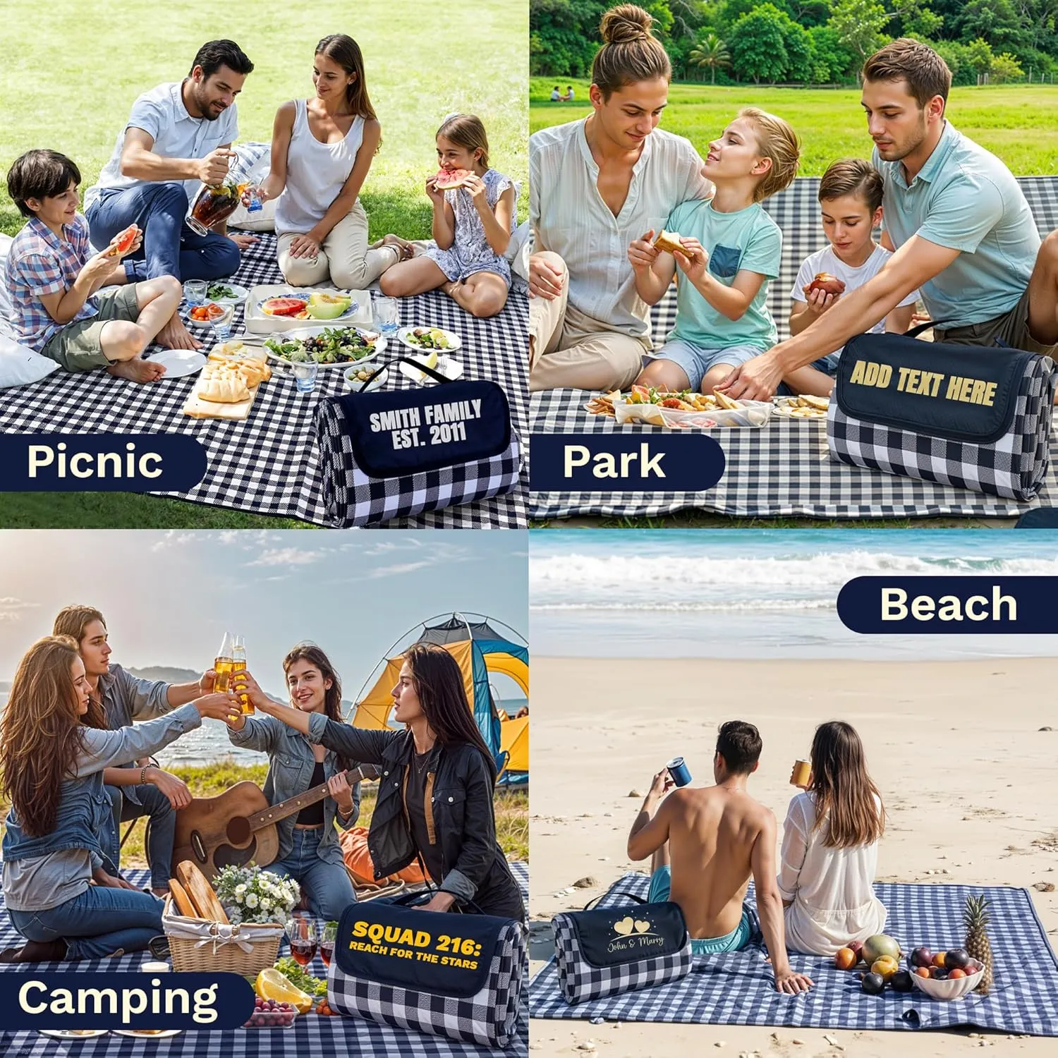 Customized Extra Large Picnic Blanket - Personalized Outdoor Beach Blanket, Waterproof Sandproof Portable Blankets - Foldable and Lightweight Mat for Camping, Park, Hiking, Patio