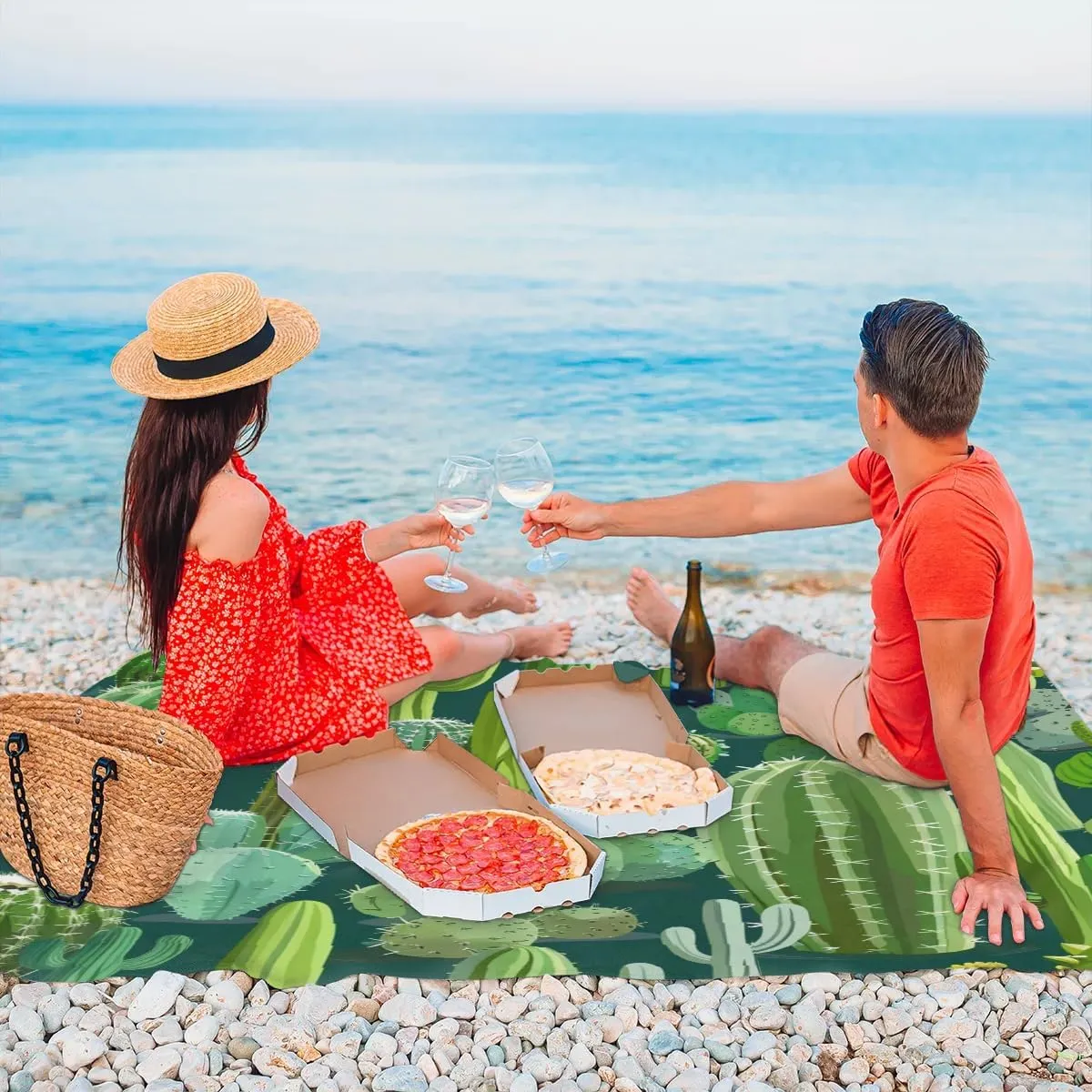 Cute Cactus Beach Blanket, Sandproof Beach Mat, Adults Waterproof Quick Drying Sand Free Mat with 4 x Ground Spikes for Outdoor Travel Camping Hiking, Cactus