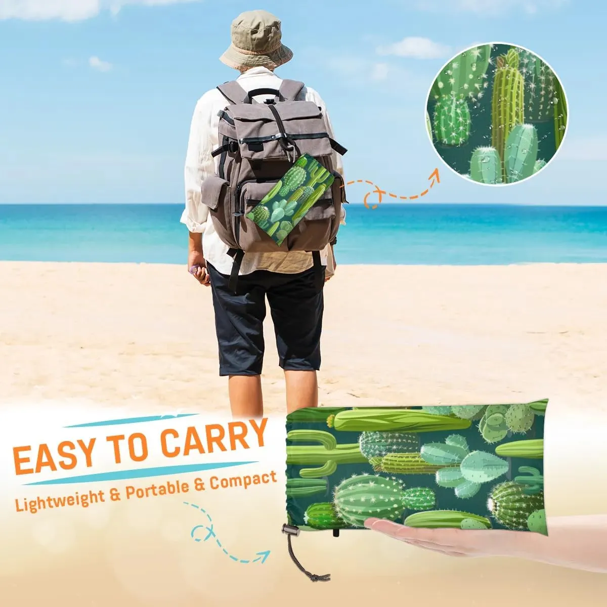 Cute Cactus Beach Blanket, Sandproof Beach Mat, Adults Waterproof Quick Drying Sand Free Mat with 4 x Ground Spikes for Outdoor Travel Camping Hiking, Cactus