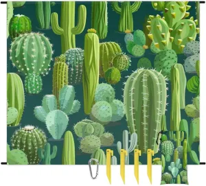Cute Cactus Beach Blanket, Sandproof Beach Mat, Adults Waterproof Quick Drying Sand Free Mat with 4 x Ground Spikes for Outdoor Travel Camping Hiking, Cactus